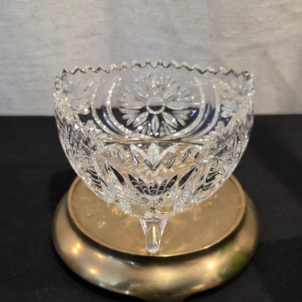 Vintage Cut Glass Heart Shaped Footed Bowl Candy Trinket Storage Catchall Dish